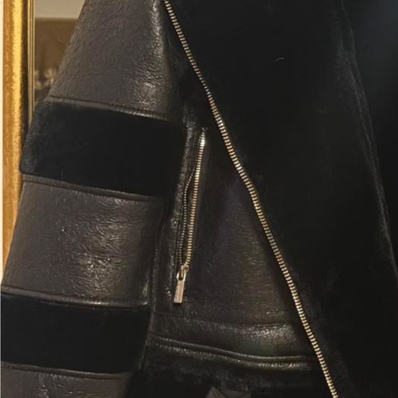 Maniere De Voir Black Shearling-Trim Leather Jacket - Picture 2 of 2